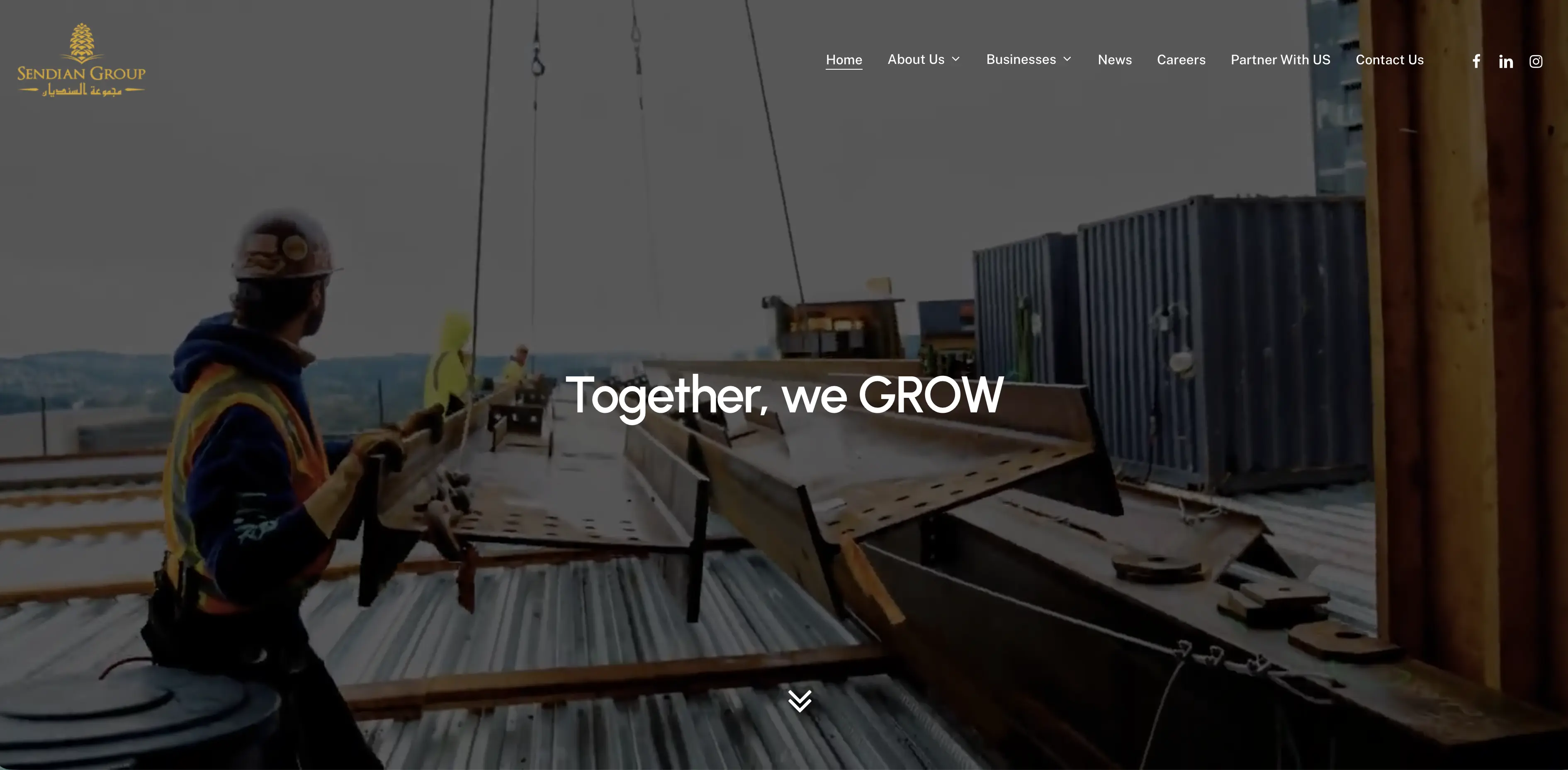 Sendian Group homepage hero section with full-screen construction site video background and the tagline "Together, we GROW"