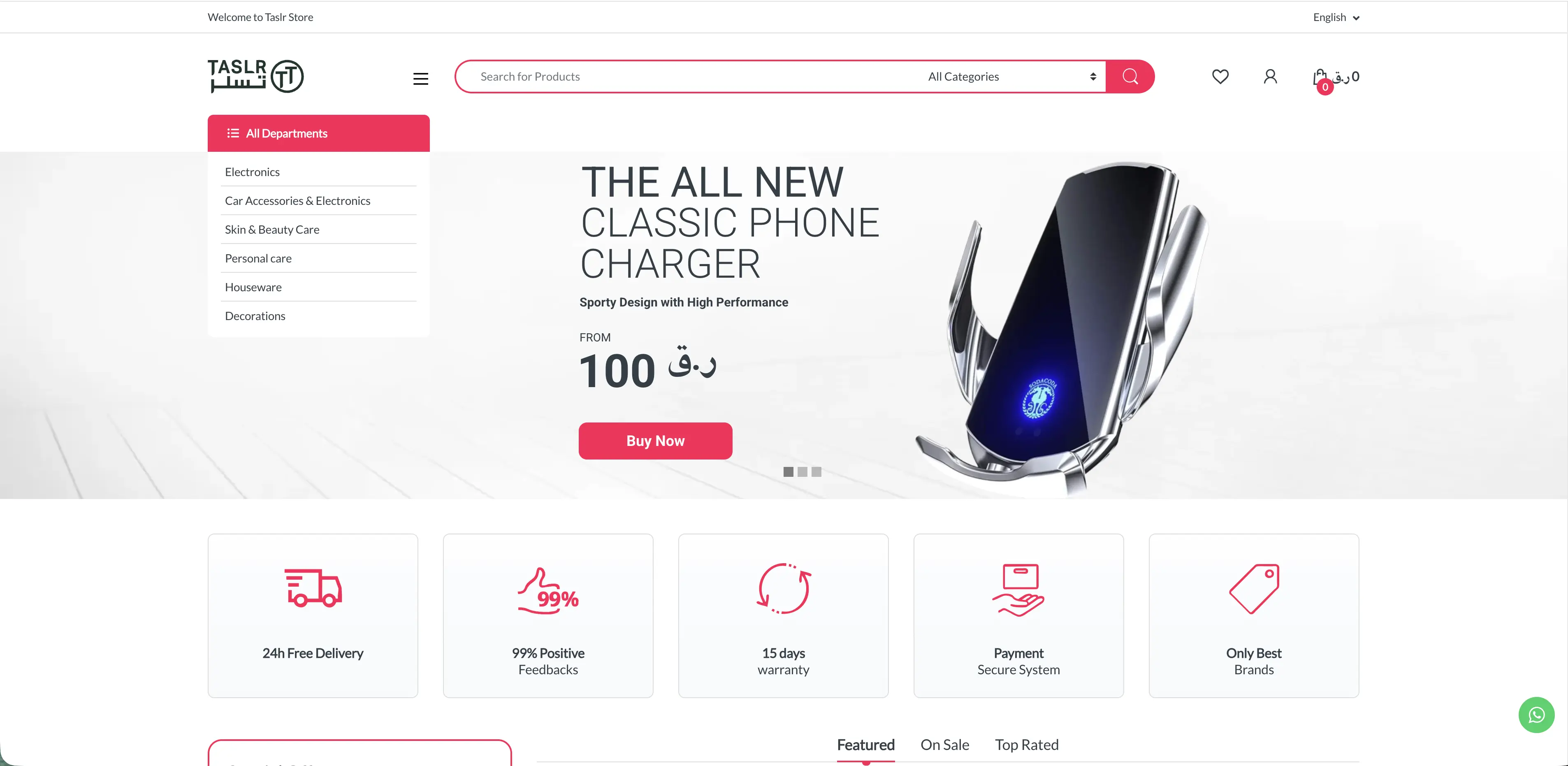 TASLR Store homepage with featured product hero banner for a phone charger, category mega-menu, and trust badges for free delivery, warranty, and secure payment